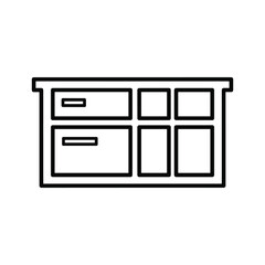 Simple outline drawing of a modern dresser with multiple drawers and compartments
