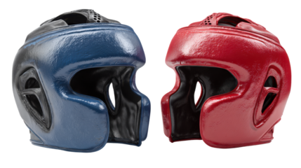 Protective boxing headgear pair in red and blue colors representing safety equipment for combat training, martial arts and sports protection isolated on white background