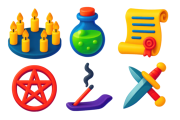 Set of six icons, including a pentacle, a candle, a book, a sword, a vase, and a candle
