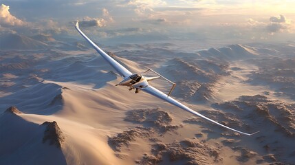 Futuristic winged aircraft soars over a mesmerizing desert landscape at sunset