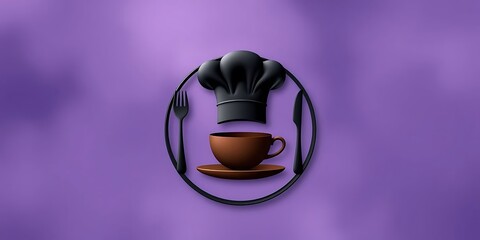 3D-rendered logo featuring a chef's hat, coffee cup, and cutlery (fork and knife) inside a circle on a soft purple background.