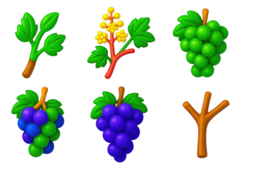 Variety of fruit, including grapes and a tree branch. The grapes are in different colors, with some being blue and others being purple. The tree branch is also depicted in different sizes