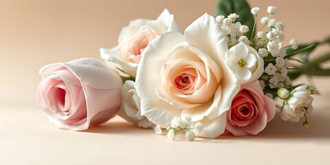 Elegant bouquet of pale pink and white roses with baby's breath, lying on a soft peach-colored background, ideal for romance and greeting cards.