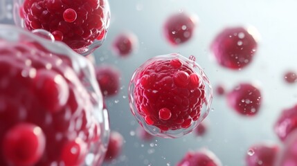 Microscopic view of red biological cells or virus molecules. 3D illustration of cellular structure. Medical science background