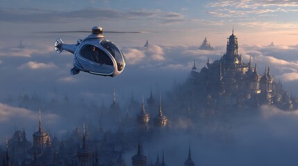 Helicopter ascending towards majestic cloud kingdom fantasy urban landscape