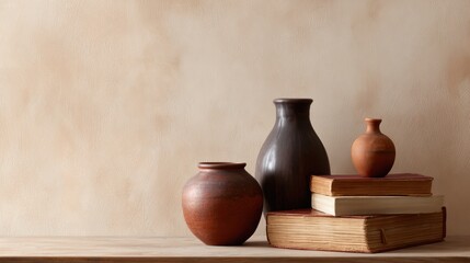 Still life composition with vases, old books, and wooden table, beige wall