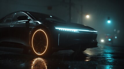 Electric vehicle sleek design with illuminated wheels standing on wet pavement