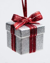 Coffret argent&eacute; avec ruban rouge &ndash; &Eacute;l&eacute;gance festive en apesanteur