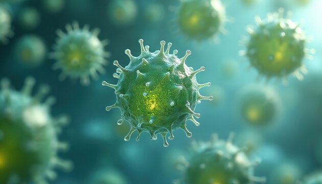 Microscopic green spherical virus cells float in clear fluid. Pathogens cause infection, illness, disease spread. Dangerous germs represent global pandemic threat. Medical science, healthcare,