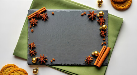 Slate board featuring star anise and cinnamon sticks, surrounded by cookies. Festive spices create Christmas atmosphere, ideal for promoting Christmas cookies sale.