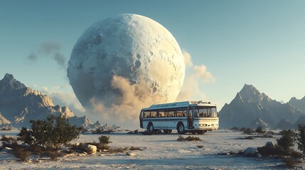 Surreal vista of intercity bus in desertic landscape against colossal moon backdrop