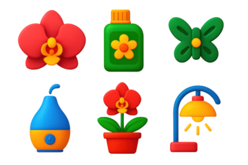 Collection of six different flower and plant icons, each with its own unique design. The icons include a vase, a lamp, and a bottle, among others. The vase is blue and has a flower design on it
