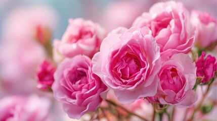 Fototapeta premium Soft pink roses bloom vibrantly swaying gently in the warm sunlight of the garden.