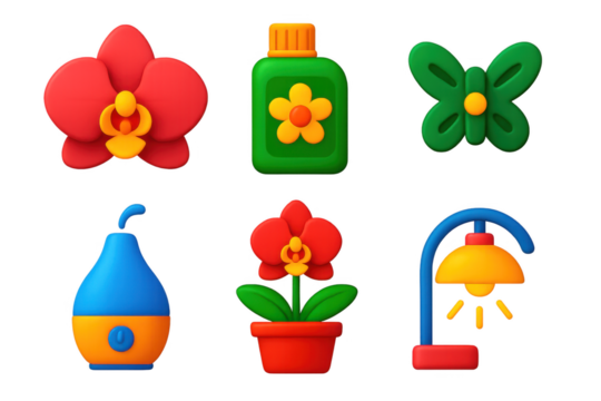Collection of six different flower and plant icons, each with its own unique design. The icons include a vase, a lamp, and a bottle, among others. The vase is blue and has a flower design on it