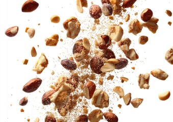 Assorted nuts and crumbs falling against a white background