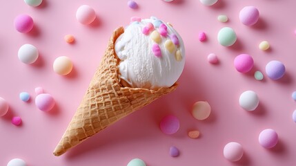 Ice cream cone with colorful gummy candies on a pastel pink background, creating a playful sweet dessert banner ideal for advertising, branding and summer promotions