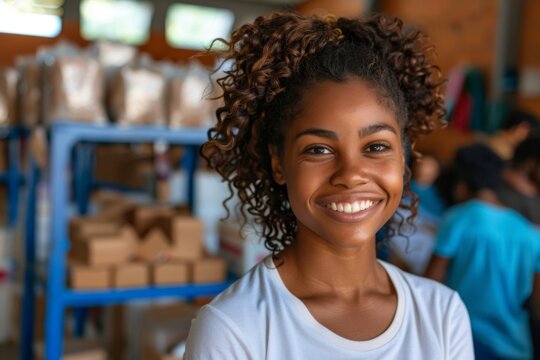Young woman smiling happily in a warehouse environment - Powered by Adobe