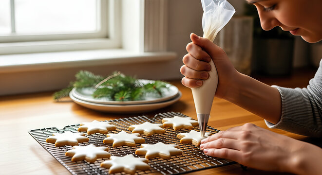Woman decorates star shaped ginger cookies with icing in sunlit kitchen, festive season preparation. Image is ideal for celebrating christmas cookie fest and related holidays.