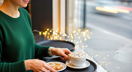 Woman holds tray with cup of latte and cookie by window, celebrating christmas cookie fest. Perfect for advertisements related to cafes, seasonal promotions, and holiday treats.