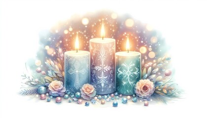 Decorative candles with floral accents and soft ethereal background light