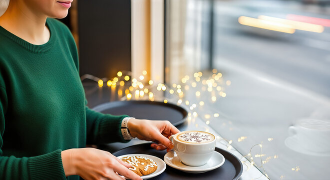 Woman holds tray with cup of latte and cookie by window, celebrating christmas cookie fest. Perfect for advertisements related to cafes, seasonal promotions, and holiday treats.