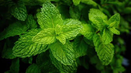 Lush mint leaves catch morning dew showcasing their vivid green color in a thriving garden.