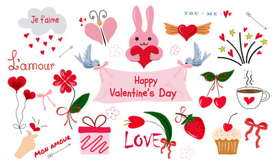 Whimsical Valentines Day illustration set featuring hearts, flowers, love phrases, bunny with heart, birds, gifts, cherries, strawberry, cupcake, bows, romantic doodles in a joyful hand-drawn style. 