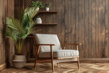 Cozy armchair in a modern wooden interior with plants