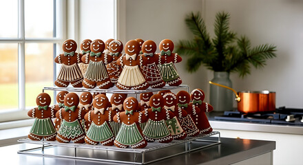Festive gingerbread cookies are arranged on cooling racks in kitchen with soft daylight, suitable for celebrating christmas, hosting a cookie fest, or promoting holiday sales.