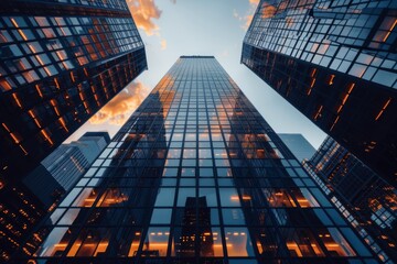 Modern skyscrapers reflecting sunset colors in urban setting