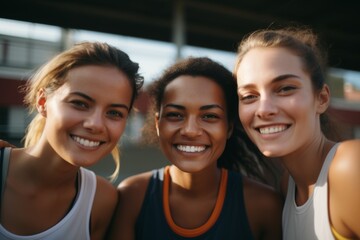 Three young women smiling together at a sports facility
