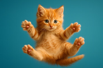 Cute Ginger Tabby Kitten Floating in Mid-Air on Teal Background