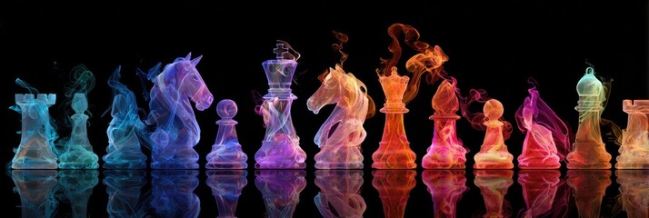 Smoky, vibrant chess pieces reflected on a dark surface