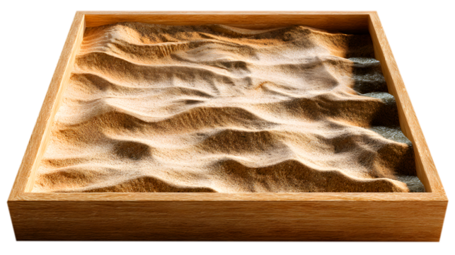 Zen Garden Sand Tray With Rippled Sand and Stones Keywords: sand, zen, garden, tray, rippled isolated on a transparent background