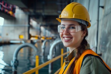 Young woman smiling in a construction site wearing safety gear