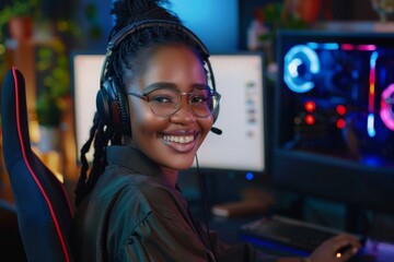 Young woman smiling while gaming at home