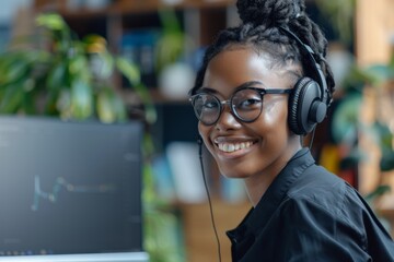 Young adult woman smiling while working at a computer