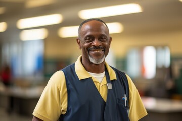 Smiling adult man in work uniform at a busy workplace