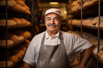 Adult baker smiling proudly in a bakery filled with fresh bread