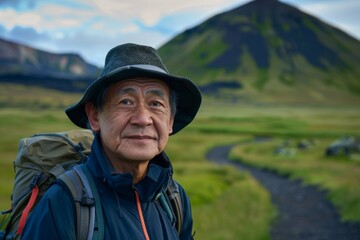 Senior man enjoying nature while hiking in a beautiful landscape