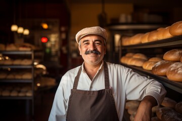 Adult baker smiling proudly in a bakery with fresh bread