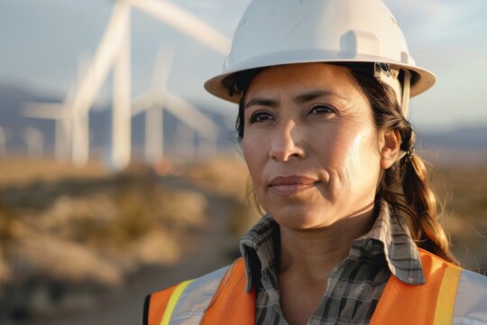 Adult woman wearing a hard hat looks determined at a wind farm
