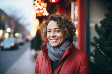 Adult woman smiling joyfully outdoors in winter