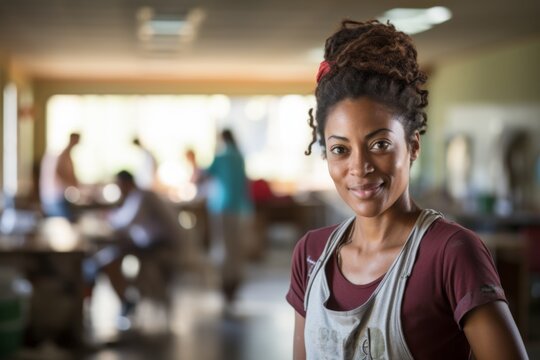 Adult woman smiling in a pottery studio with others working