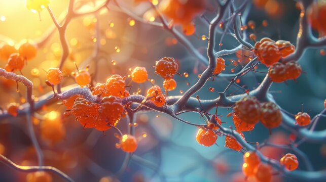 Microscopic view of biological cells and nerve connections. 3D illustration of orange virus or bacteria network. Science and medicine concept