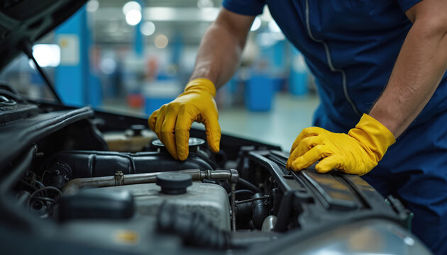 Mechanic works on auto engine. Man in yellow gloves repairs car motor in garage. Engineer checks vehicle under hood. Auto service worker fixes automobile at station.
