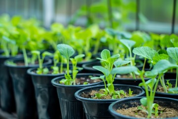 Young plants growing in pots inside a greenhouse