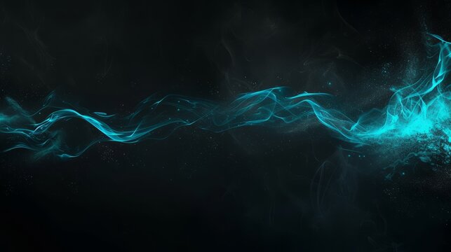 Abstract blue smoke wave on black background. Glowing cyan energy flow with particles. Futuristic neon light trail concept. Copy space