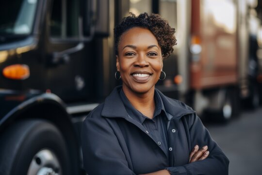 Adult woman smiling confidently in front of trucks