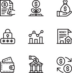 Finance and money thin line icon set with editable stroke. Business and payment outline pictograms. Includes bank, credit card, mobile banking, investment, 

